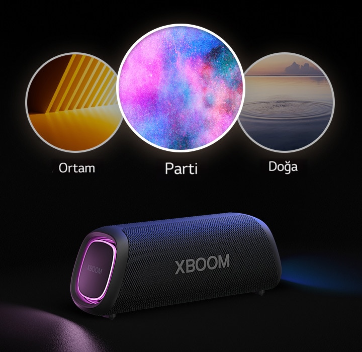 Mor aydınlatmalı LG XBOOM Go XG7 zemine yerleştirilmiştir. Hoparlörün üstünde Light Studio'nun üç modu gösterilir: ortam, doğa ve parti.