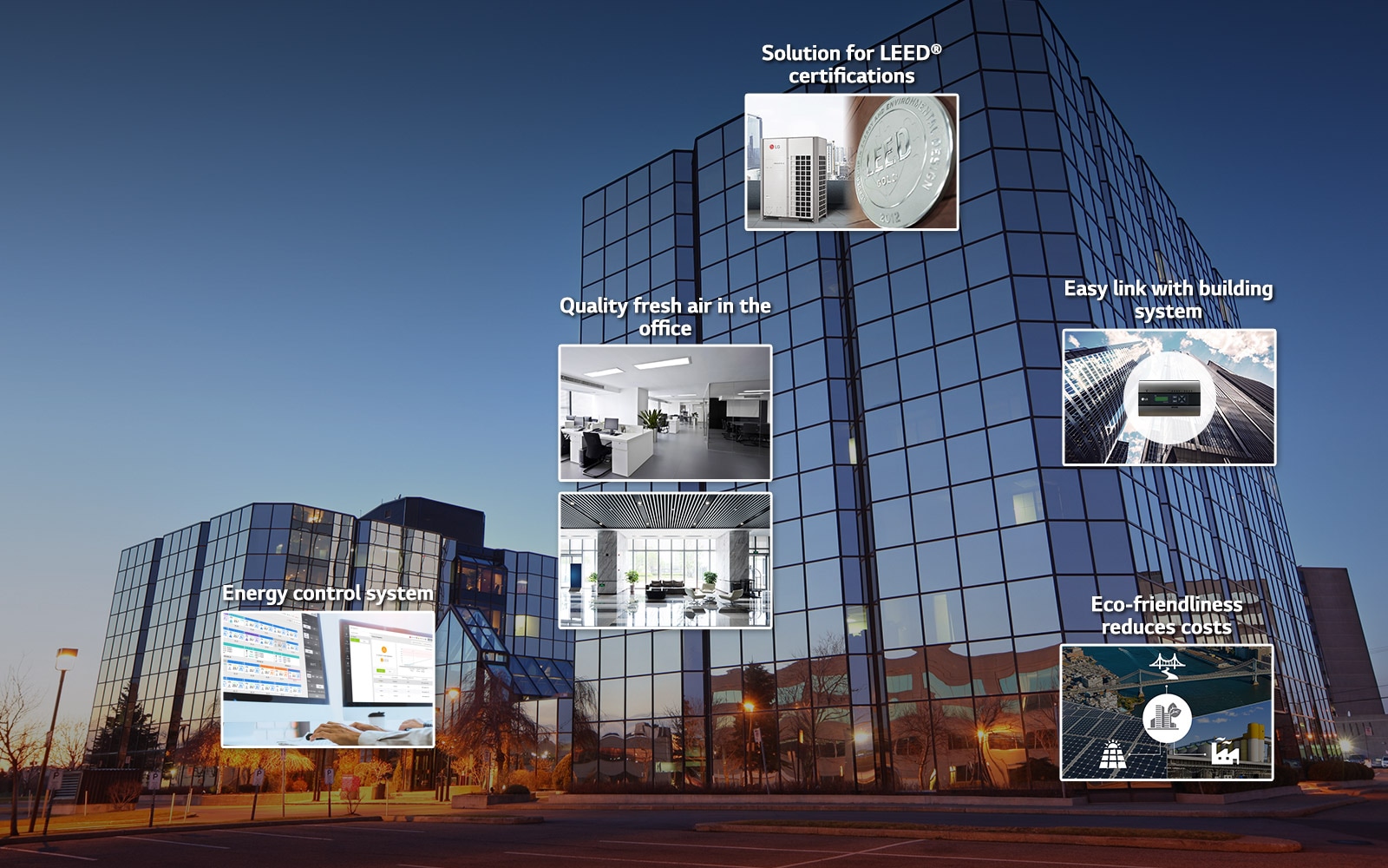 An office building with thumbnails of control center, office, certifications, building system, and an energy efficient area.