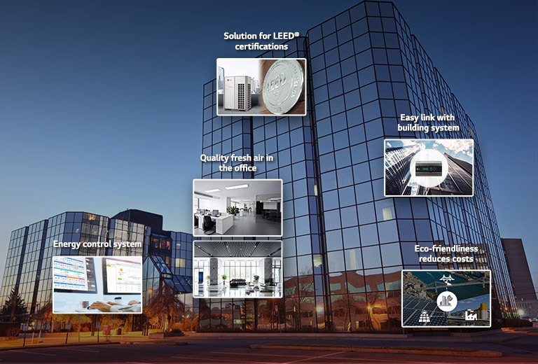 An office building with thumbnails of control center, office, certifications, building system, and an energy efficient area.