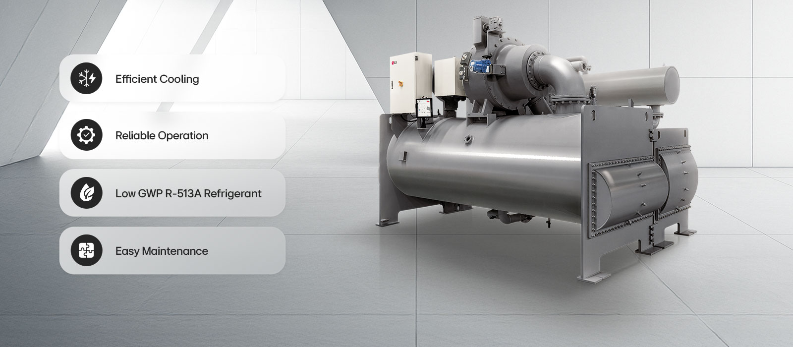 LG Oil-free Centrifugal Chiller shown with USPs: Refrigerant, Efficient Cooling, Reliable Operation, and Flexible Solution.