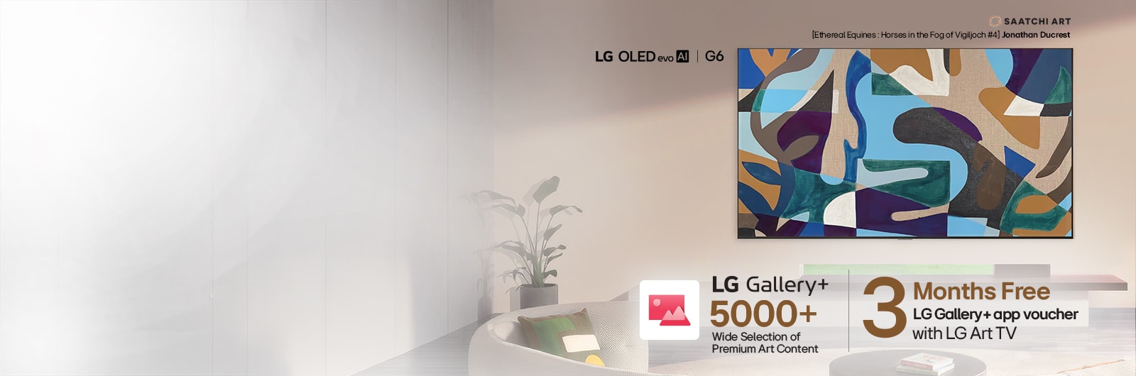LG OLED evo AI G6 displays abstract geometric artwork from LG Gallery+ on screen against a modern interior backdrop, highlighting that a 3-month free LG Gallery+ voucher enables access to over 5,000 premium artworks. 
