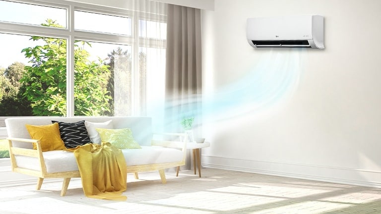 The LG wall-mounted cassette on the right cools the living room, its airflow visible against the sofa by the large window.