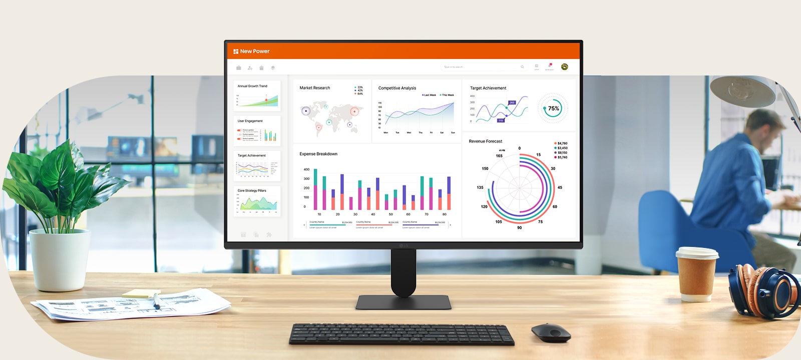 LG FHD Monitor on a desk displaying a business dashboard with charts and analytics, illustrating productivity and everyday office use.