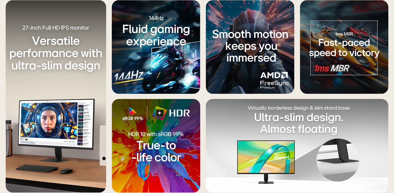 LG FHD monitor feature overview showing a 27-inch IPS display, 144Hz refresh rate, 1ms MBR, AMD FreeSync Premium support, HDR10 with sRGB 99% color accuracy, and an ultra-slim virtually borderless design with a slim stand base for smooth gaming and everyday use.