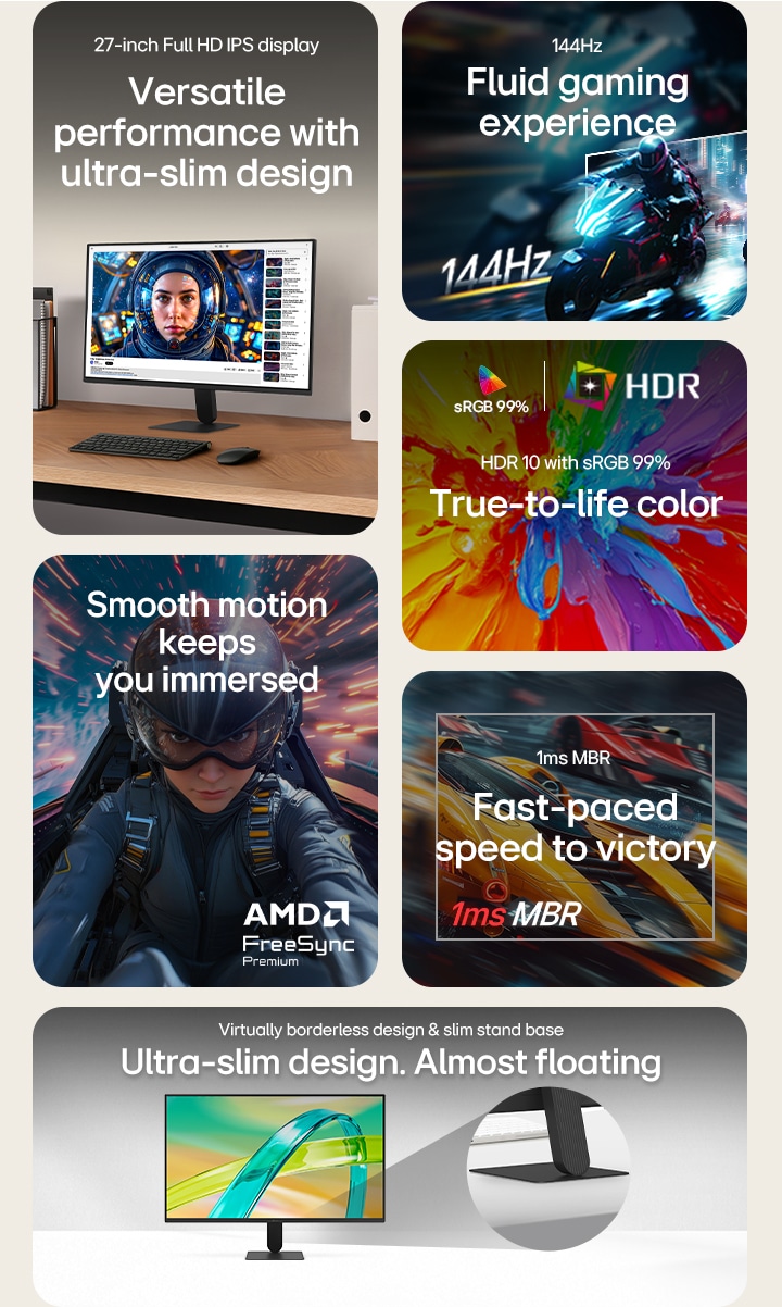 LG FHD monitor feature overview showing a 27-inch IPS display, 144Hz refresh rate, 1ms MBR, AMD FreeSync Premium support, HDR10 with sRGB 99% color accuracy, and an ultra-slim virtually borderless design with a slim stand base for smooth gaming and everyday use.