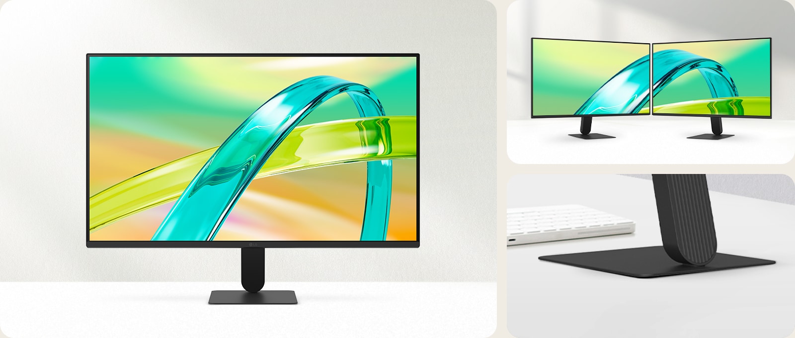 LG FHD monitor with 3-side virtually borderless display and slim stand base shown in front view and dual-monitor setup for a clean minimalist workspace.
