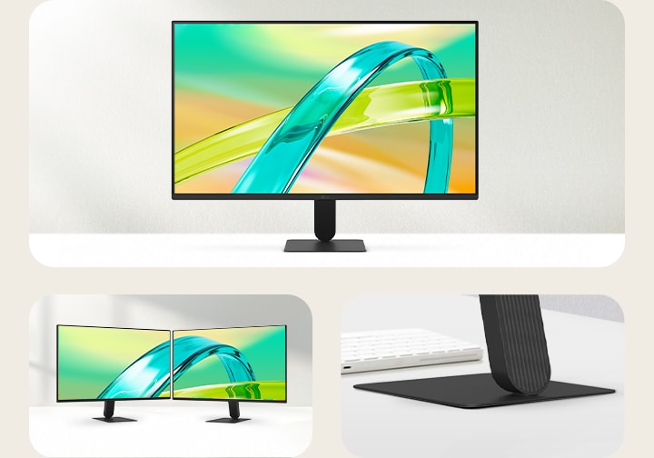 LG FHD monitor with 3-side virtually borderless display and slim stand base shown in front view and dual-monitor setup for a clean minimalist workspace.