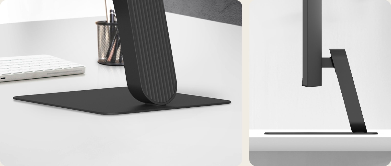 Close-up views of monitor stand base and side profile, highlighting slim, stable design and minimal footprint.