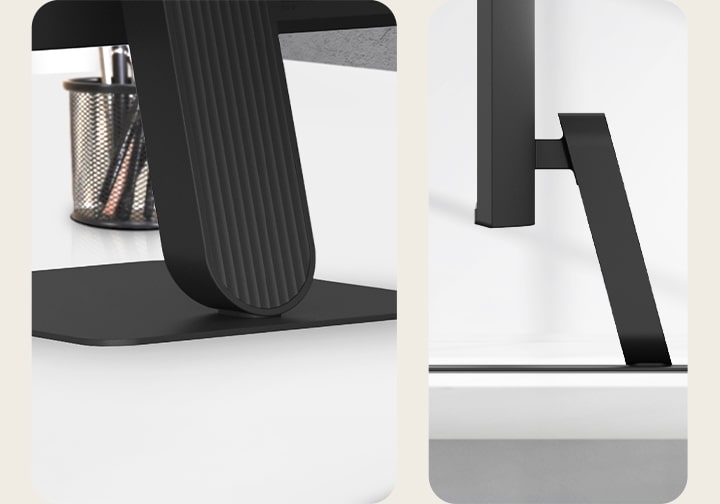 Close-up views of monitor stand base and side profile, highlighting slim, stable design and minimal footprint.