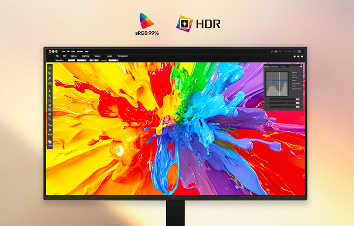 LG FHD Monitor displaying vivid creative content on a wide curved screen with HDR10 support and sRGB 99% color coverage, delivering rich color accuracy, enhanced contrast, and precise visual detail for creative work and immersive viewing.