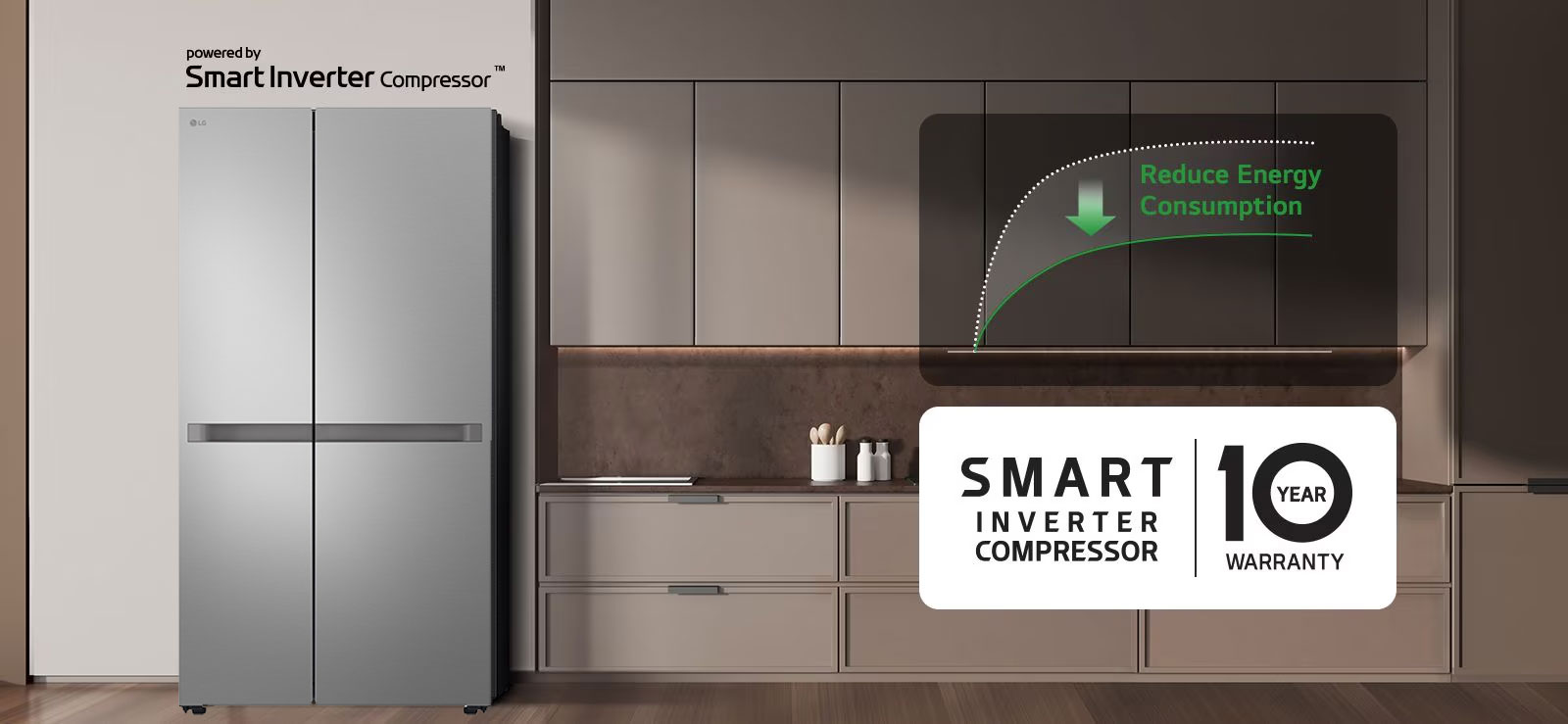 The refrigerator is installed in the kitchen wall and there is a graph showing the reduction of energy consumption using the smart inverter compressor.