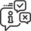 Three black-outlined speech bubbles with an exclamation, a question mark, and a check mark inside, each in different sizes.