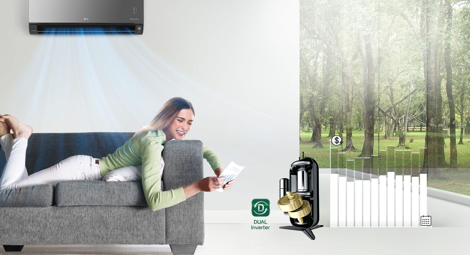 A woman smiles on a sofa under AC. To her right is the Dual Inverter logo, product image, and a graph showing cost savings.