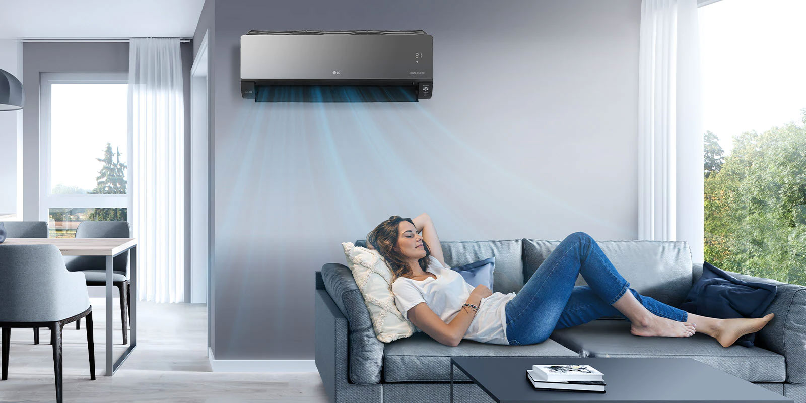 A woman stretches on a couch under LG AC. Ion bubbles from Plasmaster Ionizer clean the air; logo and play button are visible.
