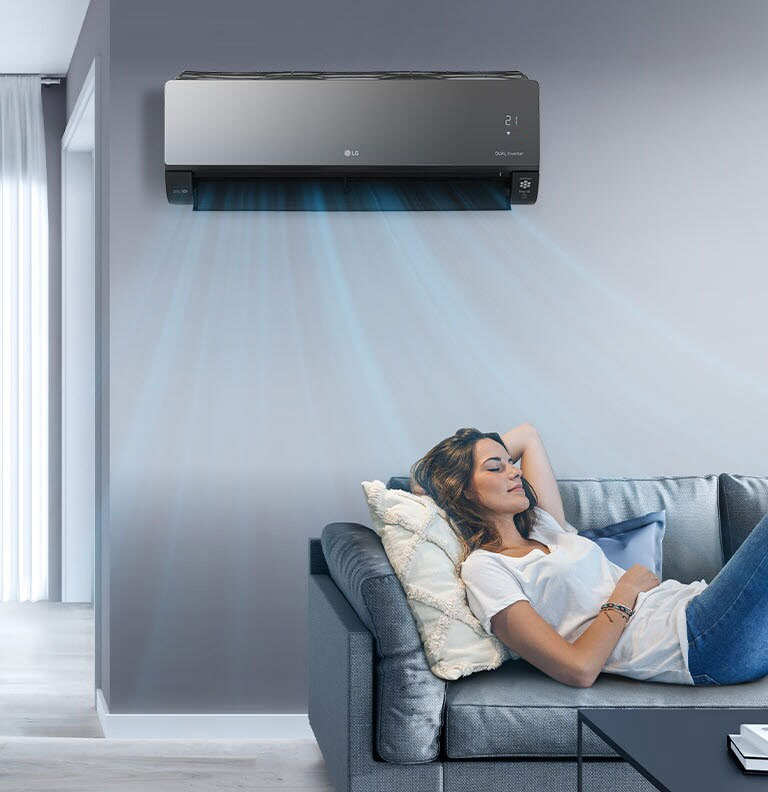 A woman stretches on a couch under LG AC. Ion bubbles from Plasmaster Ionizer clean the air; logo and play button are visible.