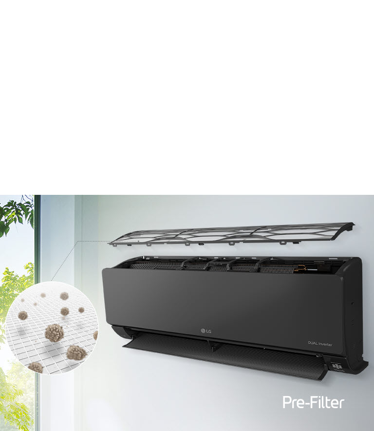 LG AC installed on wall, side angle showing floating top panel and visible inner filters. Magnified circle shows dust in pre-filter. Pre-Filter logo in corner.