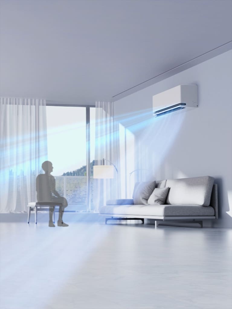 LG air conditioner with AI Air senses room temperature and human location, adjusting airflow to maintain the set temperature.