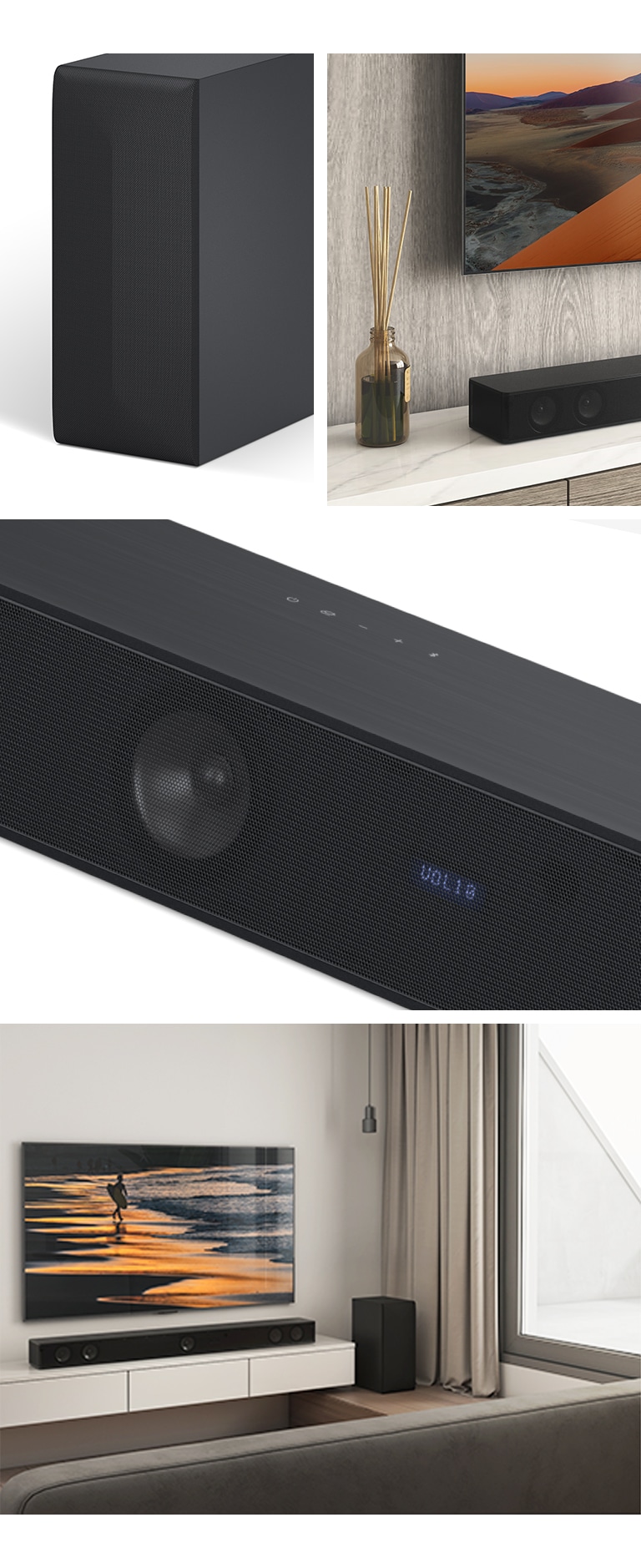 From left, an image of sub woofer, Close up of LG TV, showing the mountain on the screen and LG Sound Bar below. On the right, from top-bottom: close-up of LG Sound Bar. LG TV, showing a beach at sunset, and LG Sound Bar, sub woofer is placed in the living room.