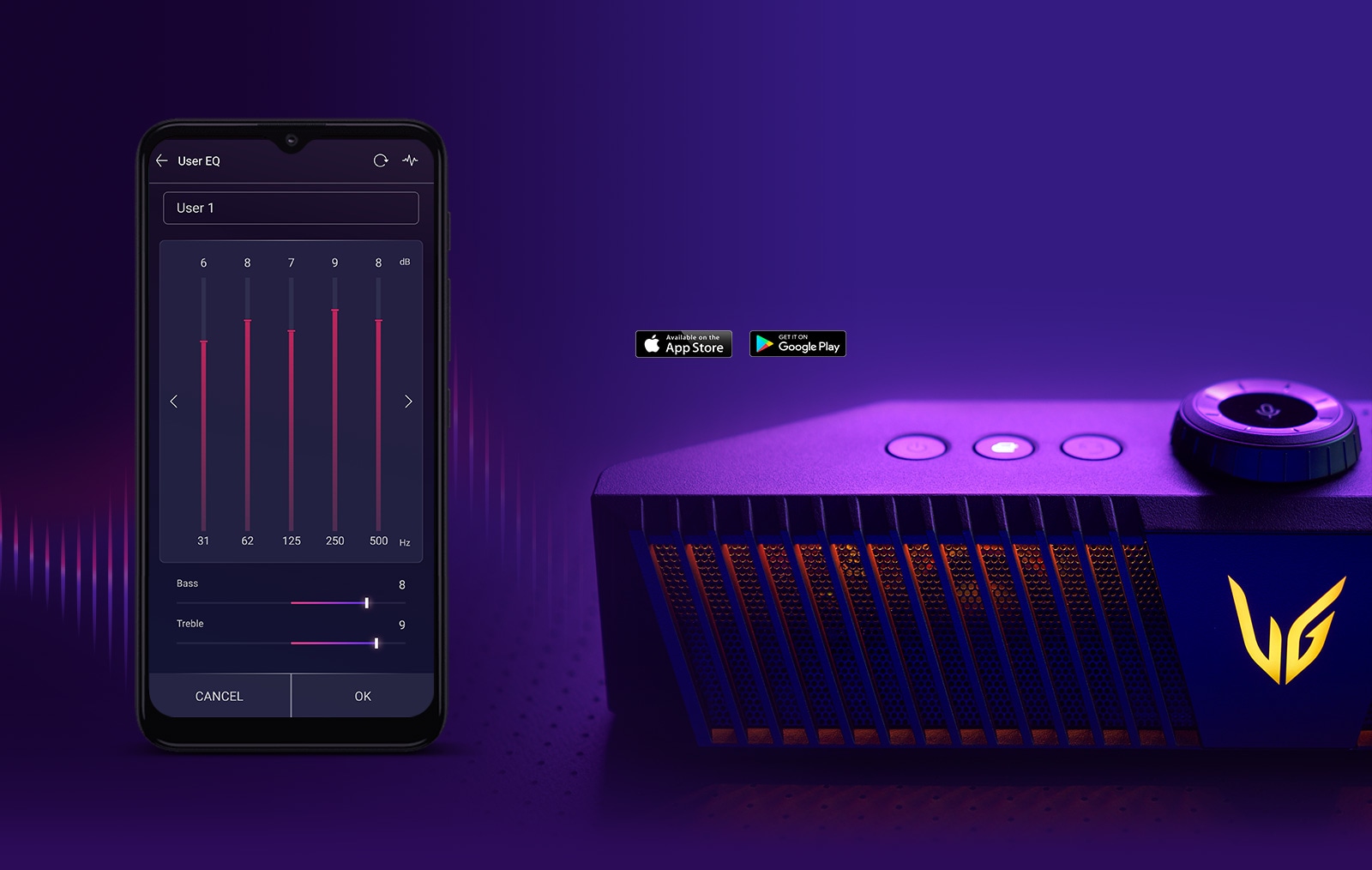 A gaming speaker with yellow lighting is placed on a purple-lighting table. There is the mobile phone with Equalizer setting scene in its screen.