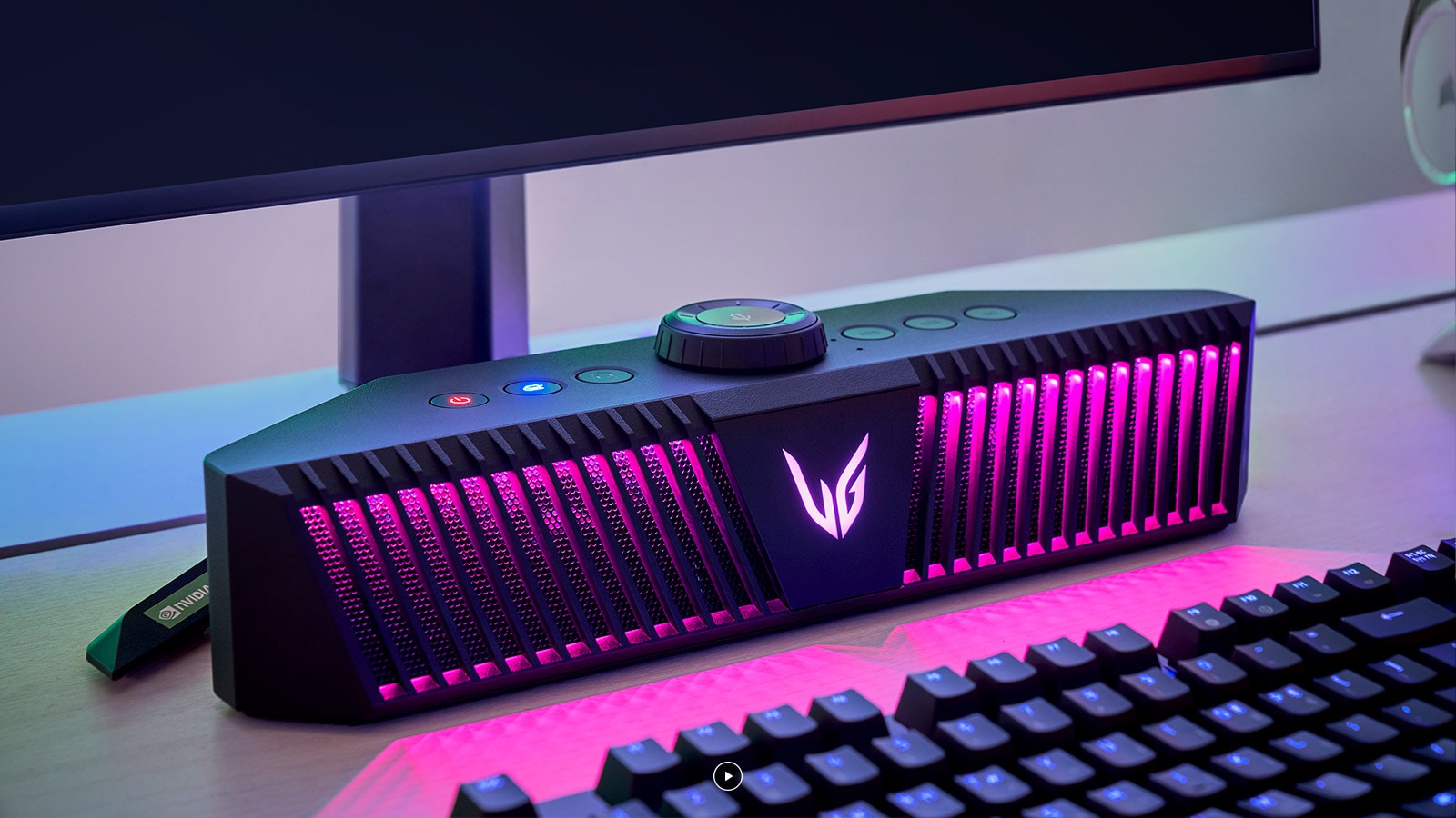 An animation that shows different colors of a lighting changing on a gaming speaker