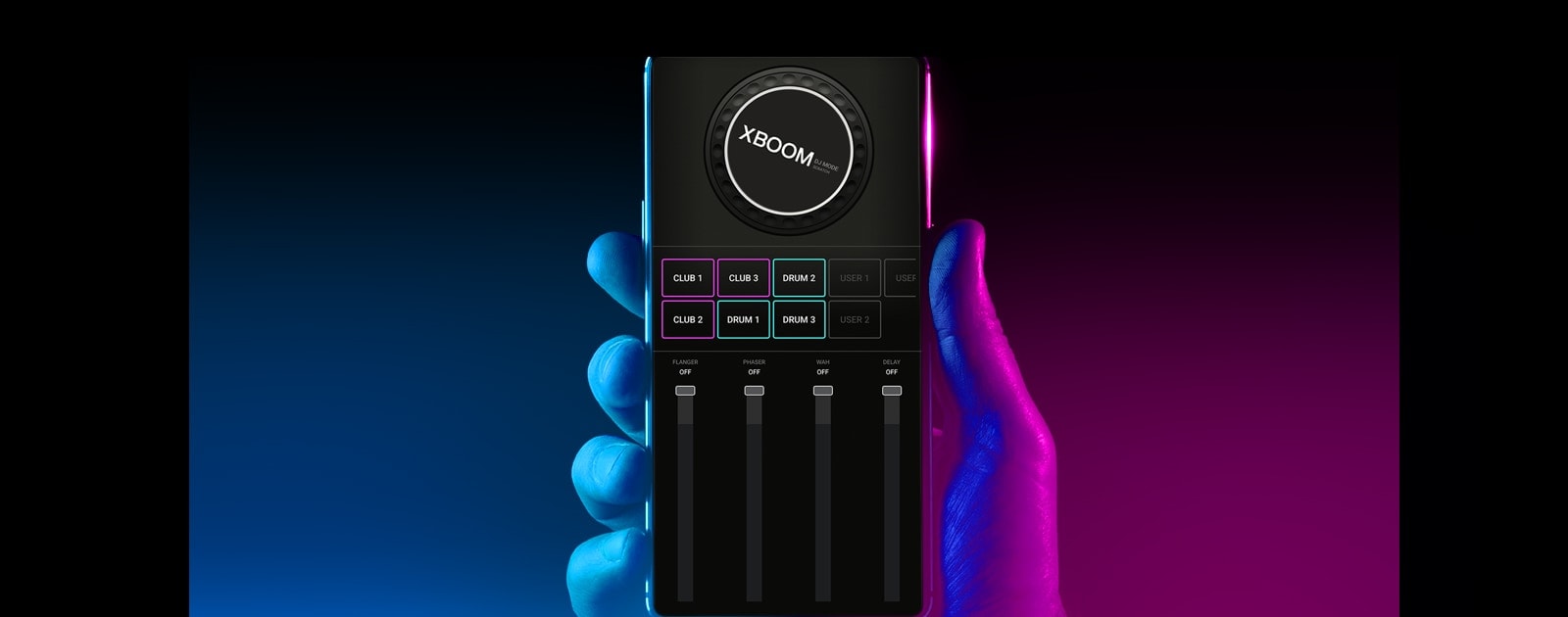 A hand holding a smartphone, showing DJ app.