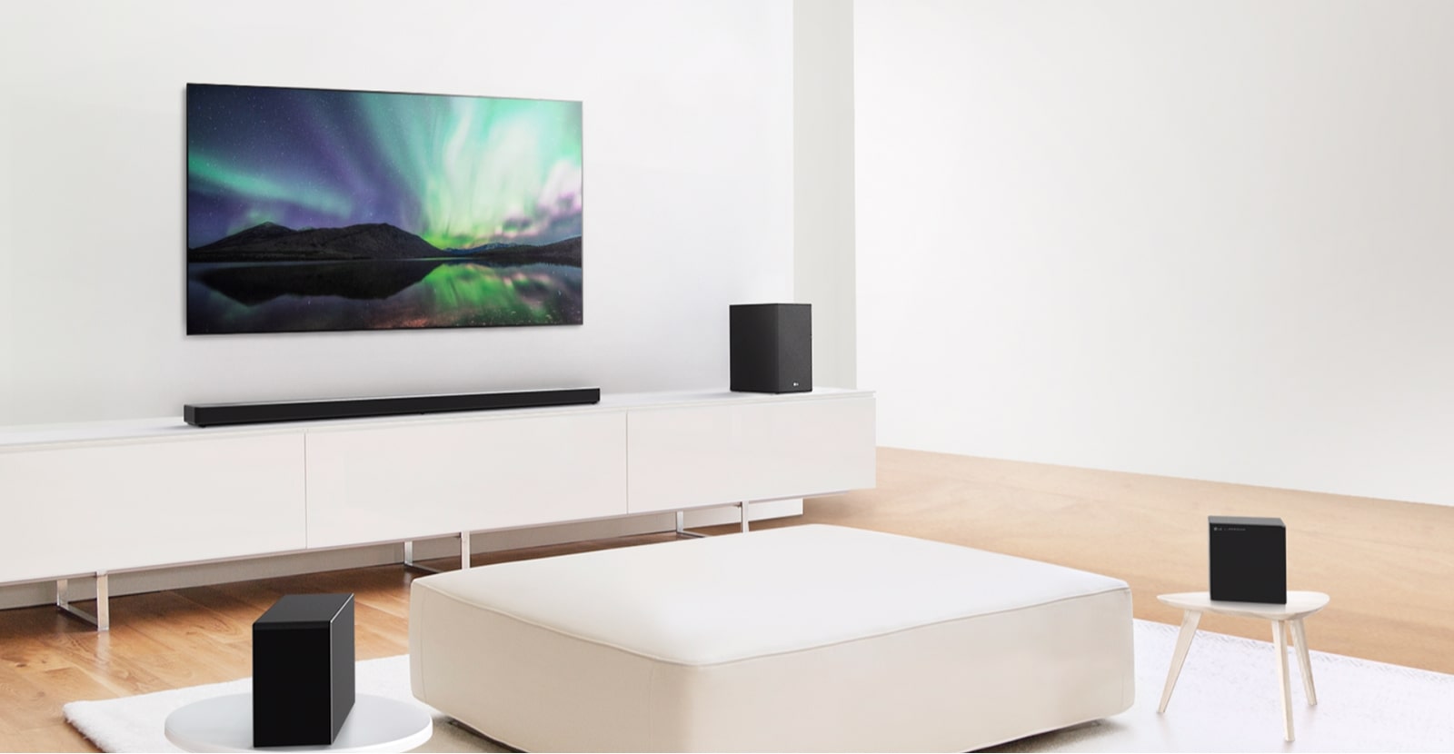 Video preview showing LG Soundbar in a white living room with 7.1.4 channel setup. 