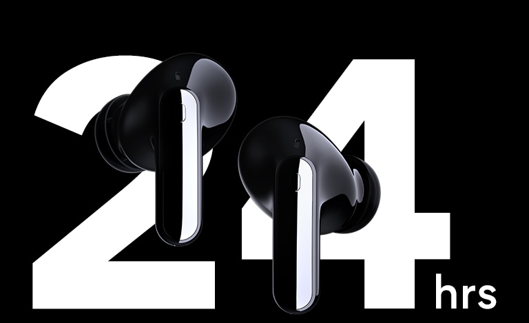 Ear buds are floating infront of text "24 hrs". 