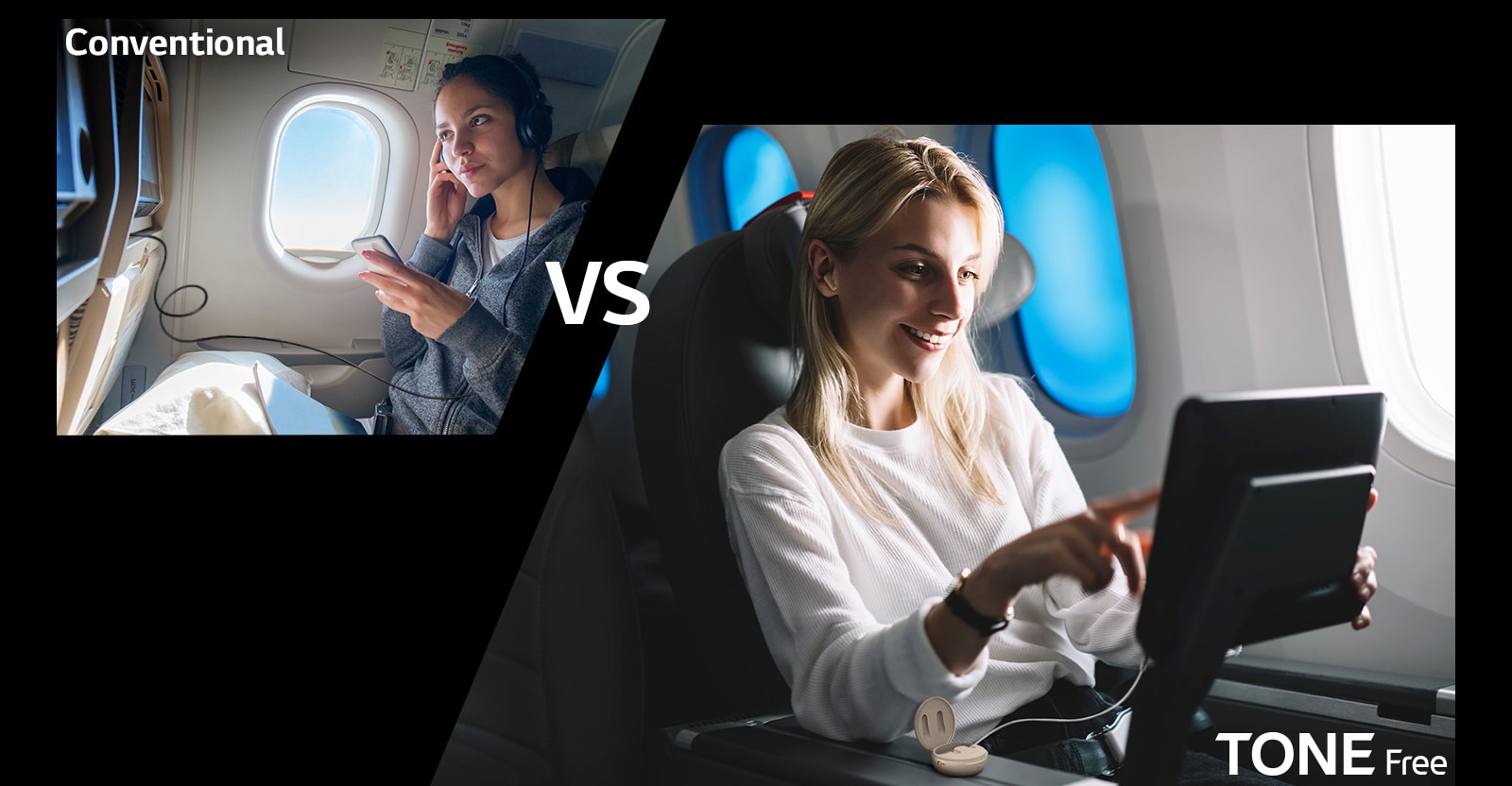 This scene is to show the convenience of the function by comparing the wireless connection function of TONE Free with the conventional one. This scene shows a comparison image of enjoying flight entertainment with conventional  and TONE Free, wearing a headset with wires attached, and TONE Free paired the earbuds by connecting the cradle's aux wires to the flight entertainment screen. 