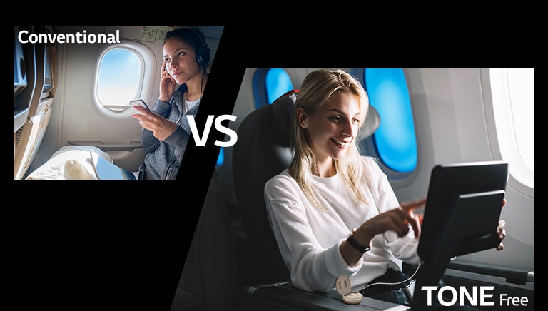 This scene is to show the convenience of the function by comparing the wireless connection function of TONE Free with the conventional one. This scene shows a comparison image of enjoying flight entertainment with conventional  and TONE Free, wearing a headset with wires attached, and TONE Free paired the earbuds by connecting the cradle's aux wires to the flight entertainment screen. 
