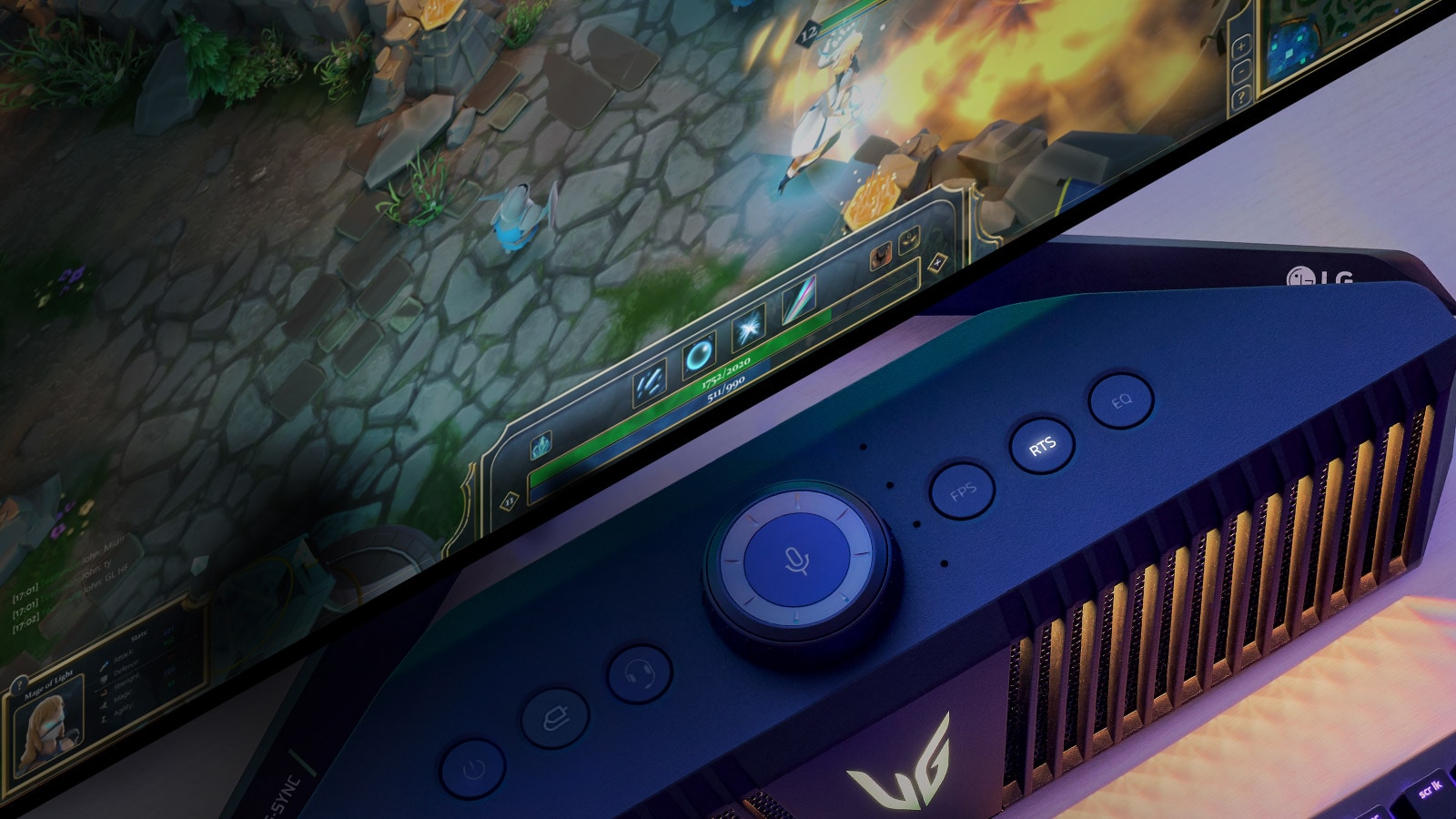 A gaming speaker is placed in diagonal direction with orange lighting and there is the gameplay scene in bottom of a monitor screen.