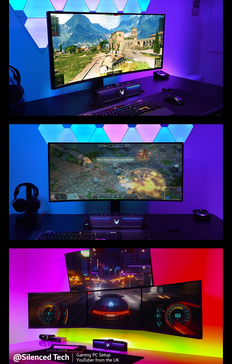 A collage of three gaming setup desk images - (left side view of a monitor and a gaming speaker with World of Tanks rts gameplay on screen, front view of a monitor and a gaming speaker with World of Warships rpg gameplay on screen, right side view of a multi-monitor and a gaming speaker with a Project Cars racing gameplay on screen) 
