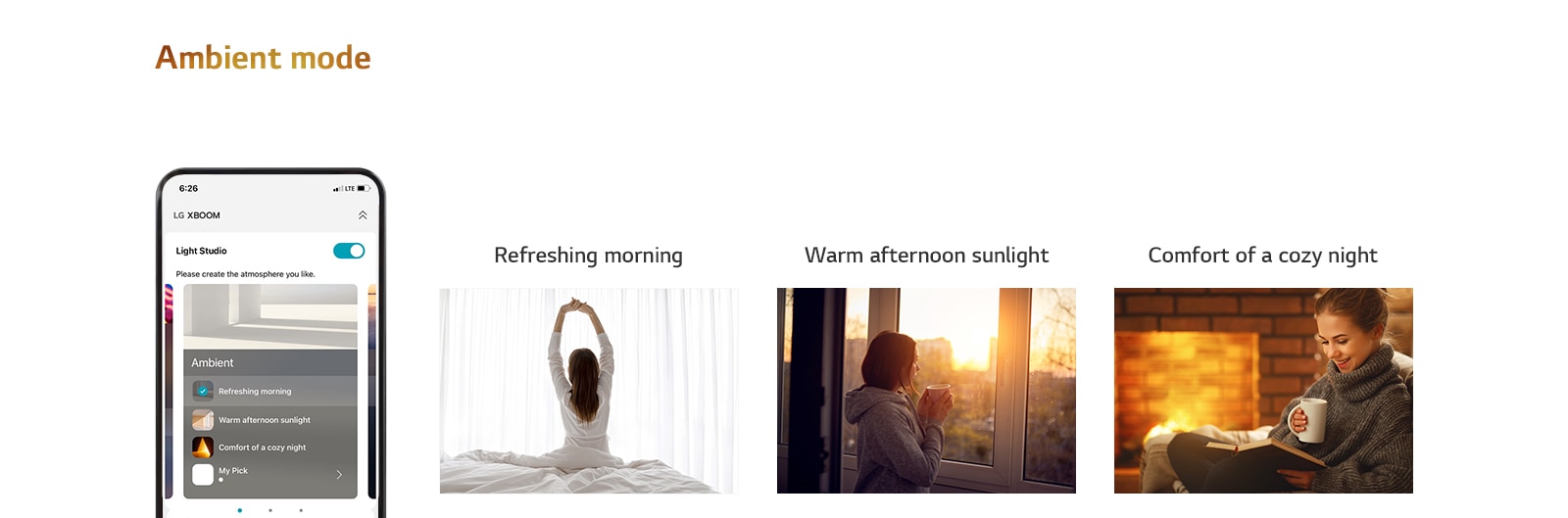 Mobile phone image with the APP screen on in ambient mode. The images include images of women sitting on beds reminiscent and stretching, women looking at the sunset, and women taking a break reading books.