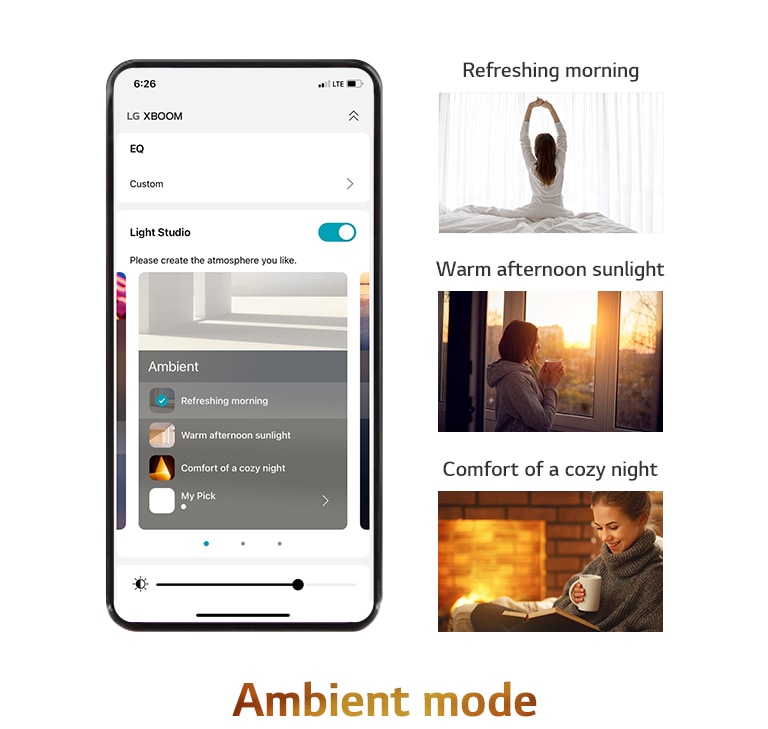 Mobile phone image with the APP screen on in ambient mode. The images include images of women sitting on beds reminiscent and stretching, women looking at the sunset, and women taking a break reading books.