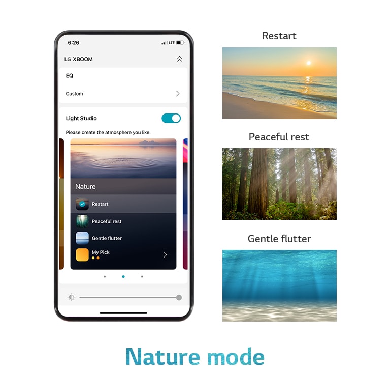 Mobile phone image with the APP screen on in nature mode. An image of a beach setting in the sunset. An image of a sunlit forest. The image of light shining under the clear sea.