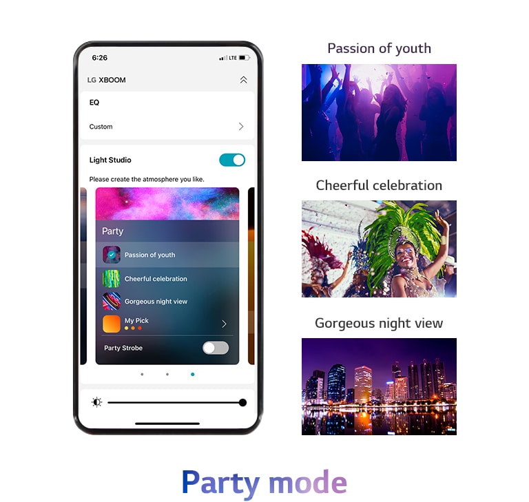 Mobile phone image with the APP screen on in party mode.ilhouette images of people dancing in clubs. The image of a woman wearing colourful party clothes. The night view of the city coloured by neon colours.