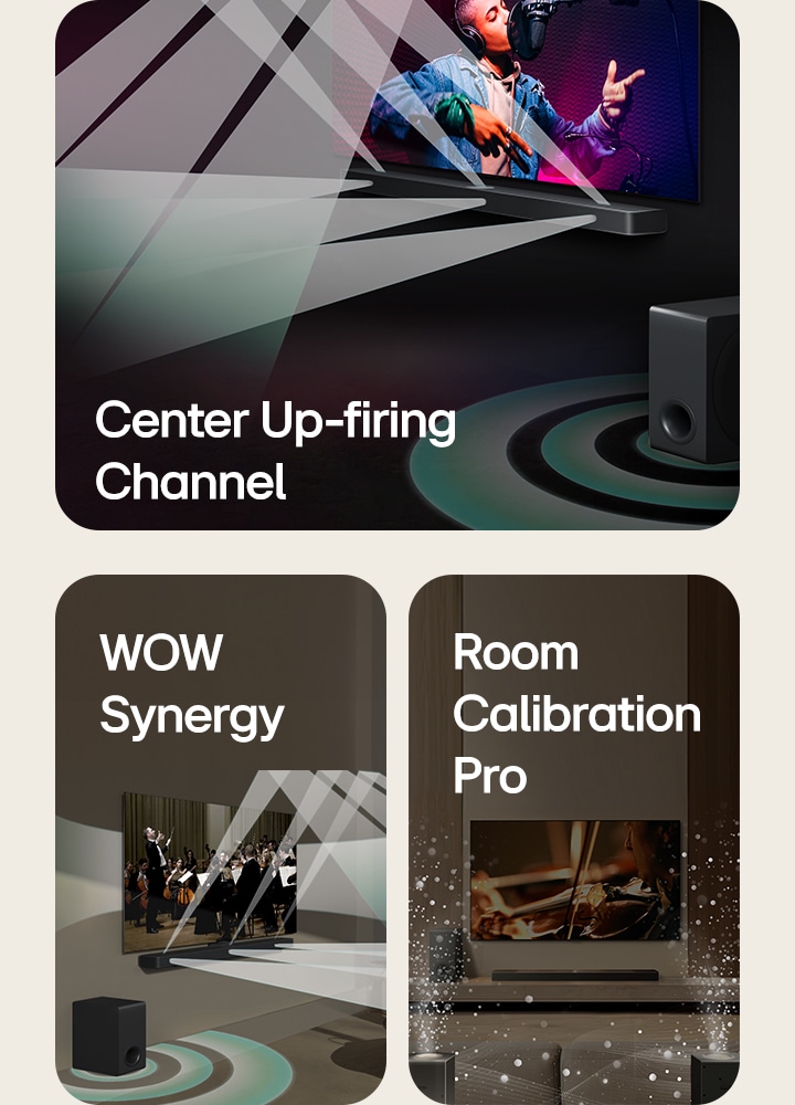 LG Soundbar and LG TV in a black room playing a musical performance. White droplets representing soundwaves shoot upwards and forward from the soundbar, as subwoofer is creating a sound effect from the bottom.  LG Soundbar and LG TV in a living room playing an orchestra performance. White waves of droplets representing soundwaves shoot upwards and forward from the soundbar and project from the TV, as subwoofer is creating a sound effect from the bottom.  LG Soundbar, LG TV, rear speakers and a subwoofer are in a living room. A grid overlay appears over the room, like a scan of the space. White soundwaves made of droplets are coming out from the frontal perspective of the rear speakers.