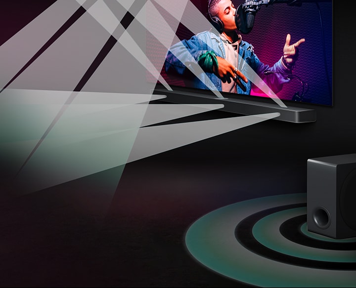 LG TV and LG Soundbar in a black room playing a musical performance. White droplets representing soundwaves shoot upwards and forward from the soundbar. A subwoofer is creating a sound effect from the bottom.