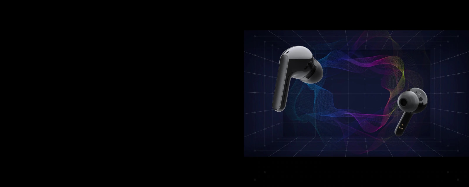 An image of two earbuds floating in a virtual space with colorful lighting surrounding the space