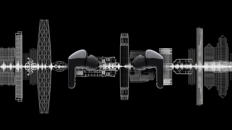 An image of two earbuds facing each other and a silhouette of a cityscape is illustrated on the background