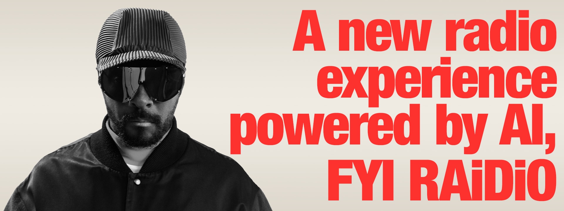 will.i.am in black & white image with title copy aside.	