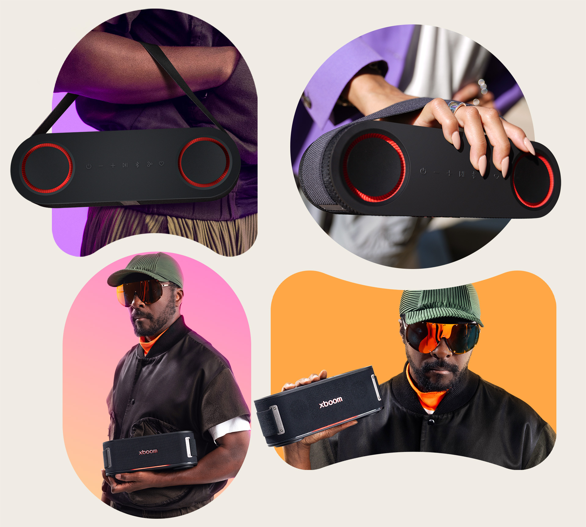 On the upper light xboom Bounce is held on someone's arm by its strap. On the upper right, a person with violet jacket is holding xboom Bounce with the right hand. On the bottom left, will.i.am is holding xboom Bounce with his left hand. On the bottom right will.i.am with the same outfit is holding xboom Bounce with his right hand.