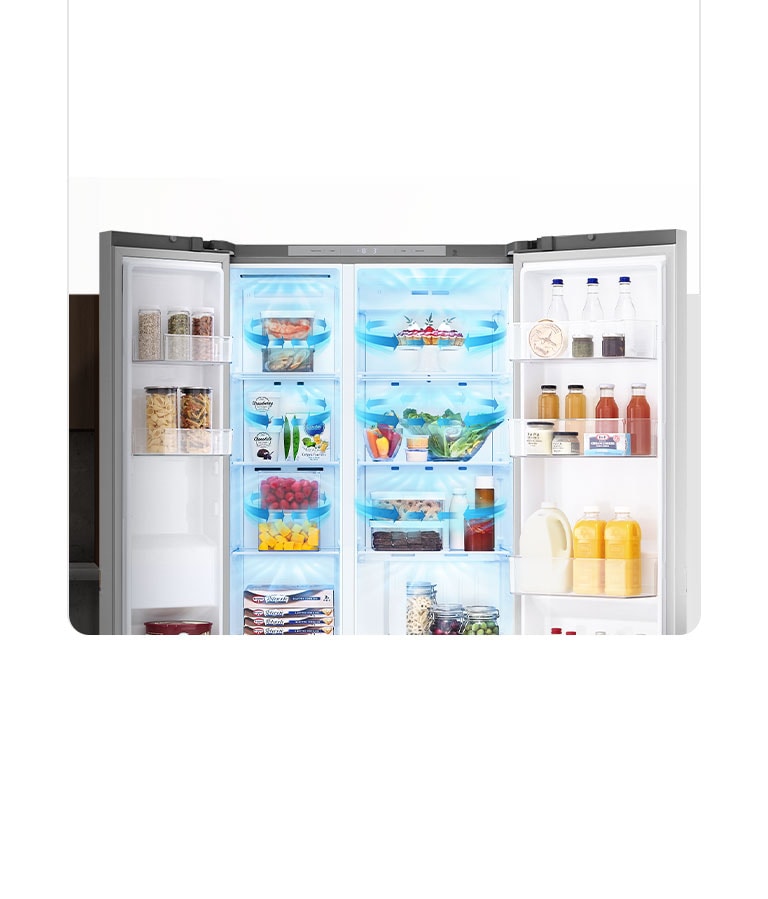Inside the refrigerator filled with ingredients, blue arrows, which mean cold, are displayed below, on both sides, and on the whole.