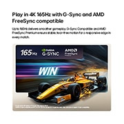 LG 65 inch LG OLED evo AI C6 4K Smart TV 2026, LG OLED evo AI C6 for Unbeatable Gameplay in 4K 165Hz shows a high-speed racing game with a yellow open-wheel car in motion, bold “WIN” text on screen, and NVIDIA G-SYNC and AMD FreeSync Premium logos, OLED65C66LA, thumbnail 9