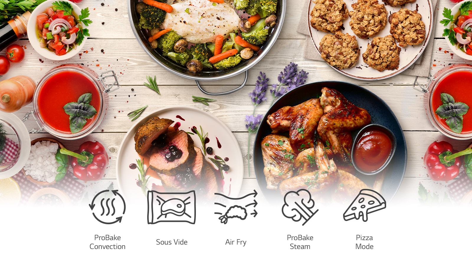 This is an image of steamed chicken breasts, air-fried chicken wings, cookies, and air sous vide steak on the table. Icons representing ProBake convection, air sous vide, air fry, and ProBake steam functions are also included below.
