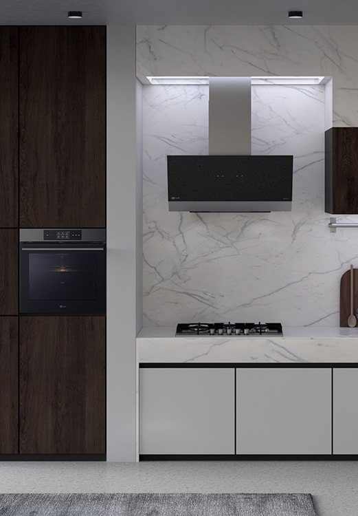 This is a kitchen image with LG built-in oven, hood, and gas hob installed.