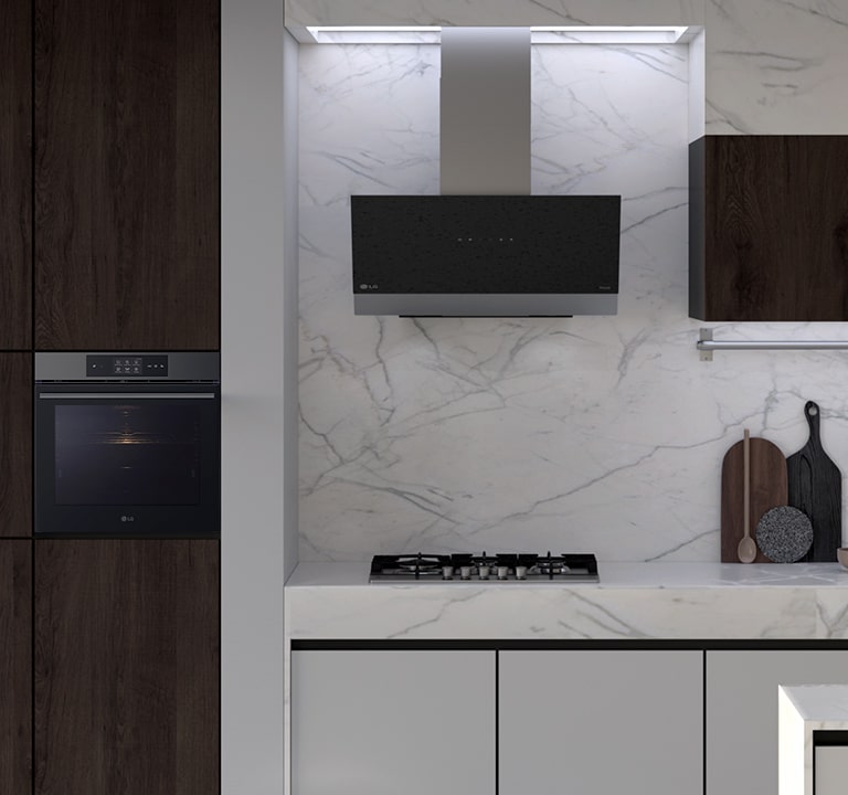 This is a kitchen image with LG built-in oven, hood, and gas hob installed.