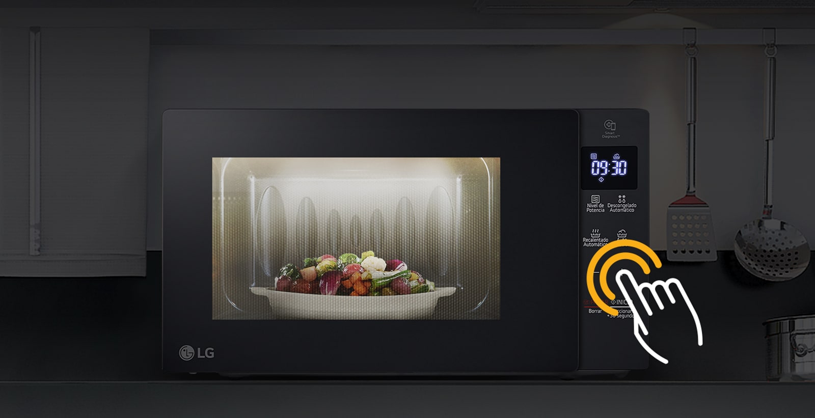 The food is cooked inside with LED function in the kitchen where the lights are off.