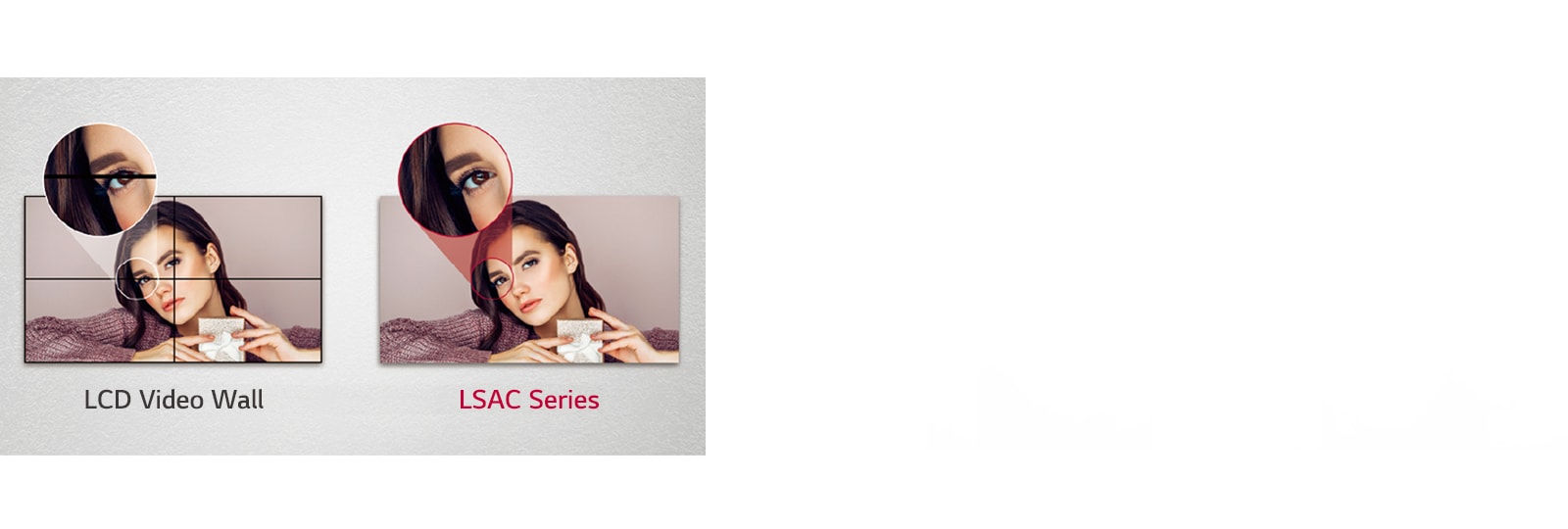 The LCD video wall has borders on the image due to bezels, but the LSAC series without bezels does not hide images.