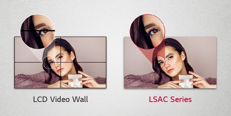 The LCD video wall has borders on the image due to bezels, but the LSAC series without bezels does not hide images.