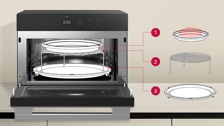 Image of a SolarDOM™ with a line drawing of a steam water bowl (crisp tray) on the high rack on the metal tray. 